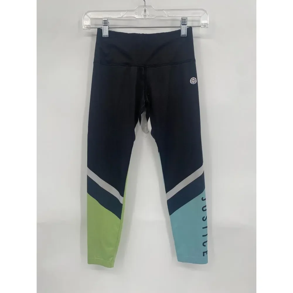 Justice Colorblock Leggings Black Blue Green Ankle Length M 10